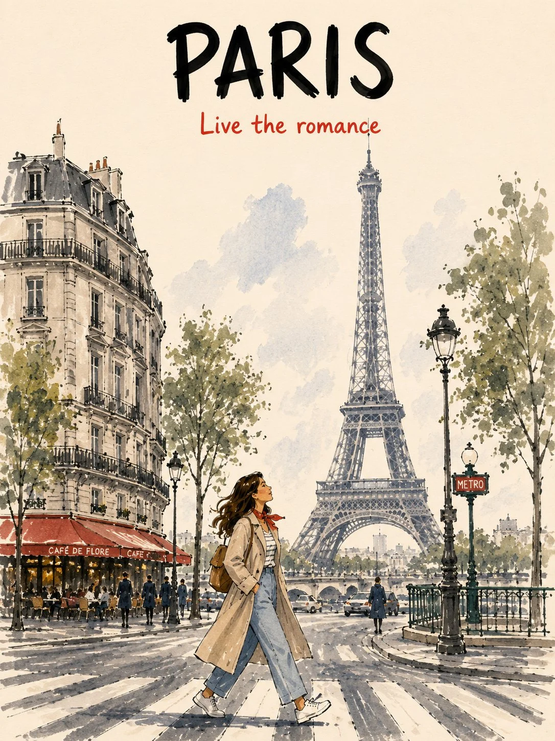 Watercolor Paris travel poster with the Eiffel Tower and a traveler crossing the street