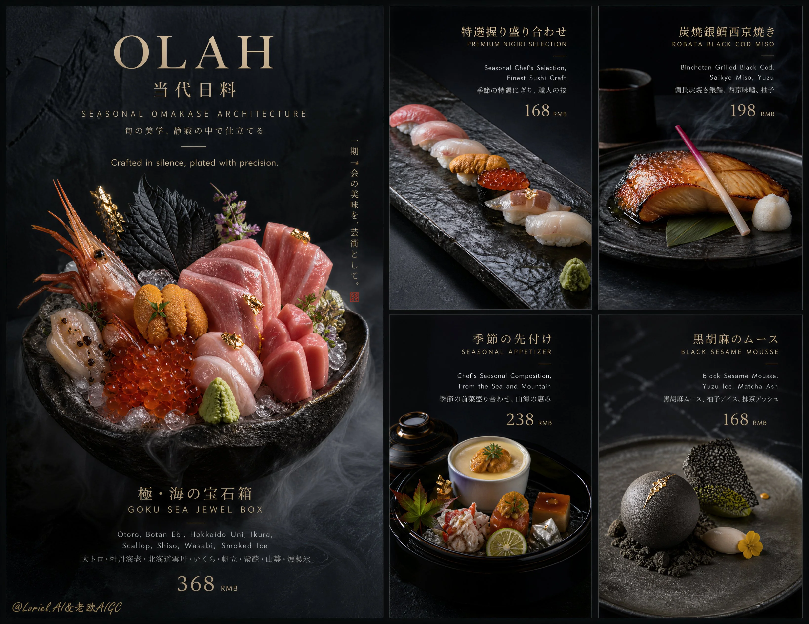 Luxury five-panel Japanese dining campaign board on a black stone background
