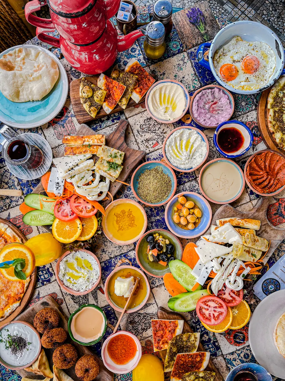 Colorful Mediterranean breakfast arranged for a vibrant social post
