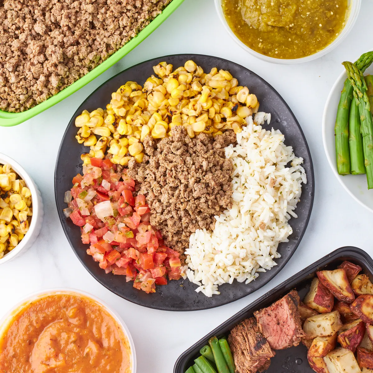 Bright balanced meal styled as a clean square social visual